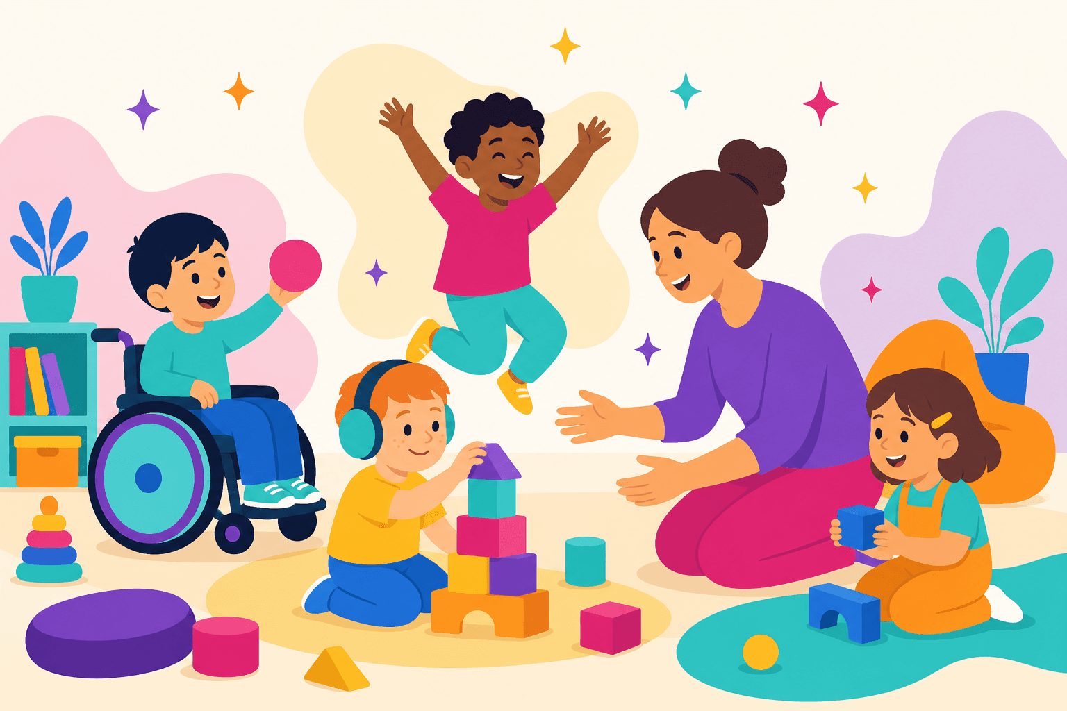 Illustration of children with additional needs playing happily with a carer
